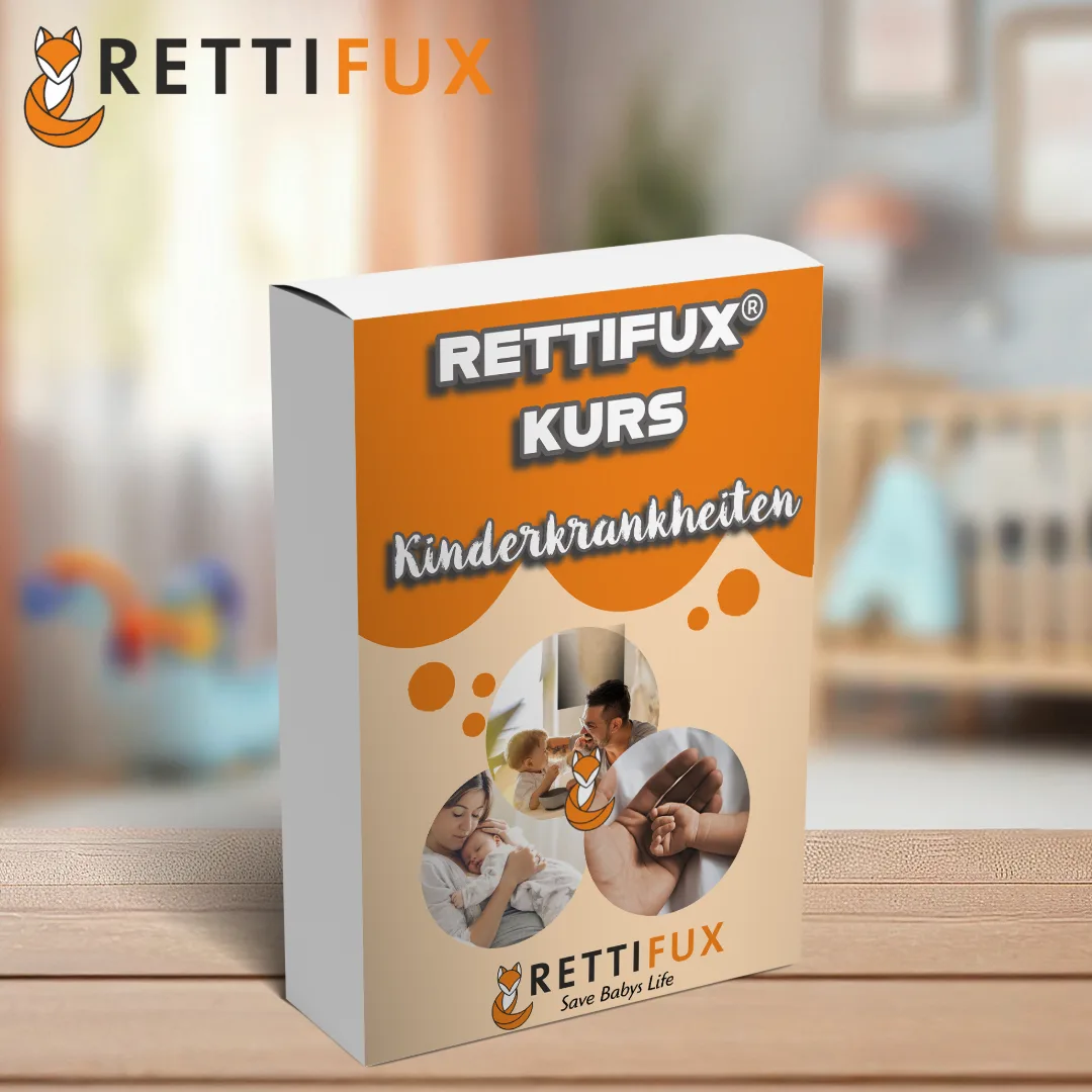 Rettifux Kurs Kinderkrankheiten Produktbox mit Tagline Save Babys Life auf Holzoberfläche