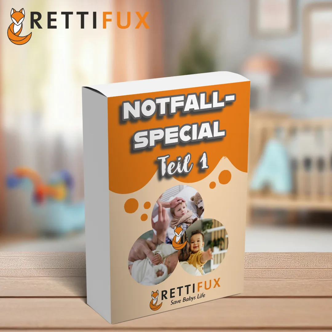 Rettifux Notfall-Special Teil 1 Produktbox mit Bildern von Eltern und Kindern auf Holzoberfläche