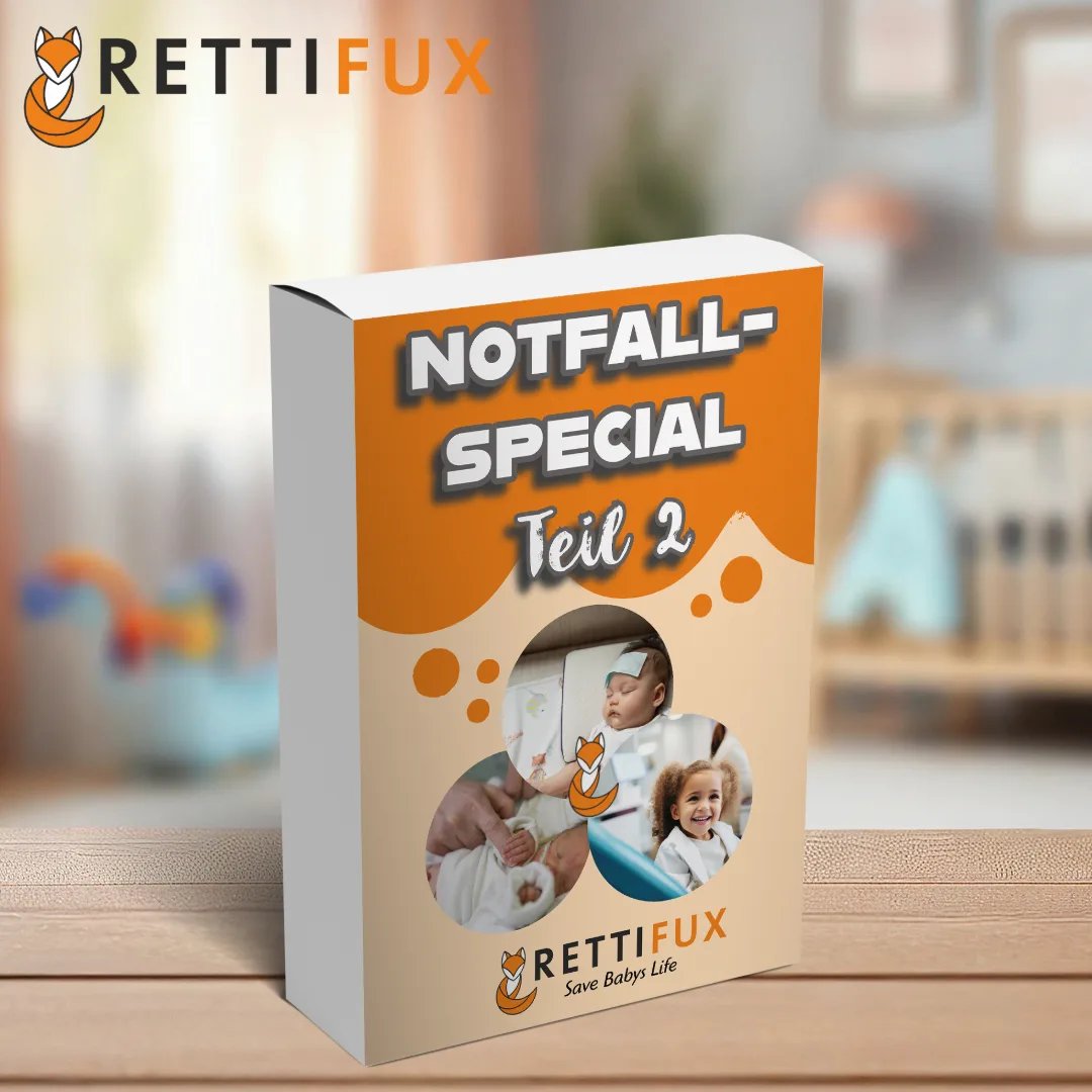 Rettifux Notfall-Special Teil 2 Produktbox mit Bildern von Baby und Kind auf Holzoberfläche