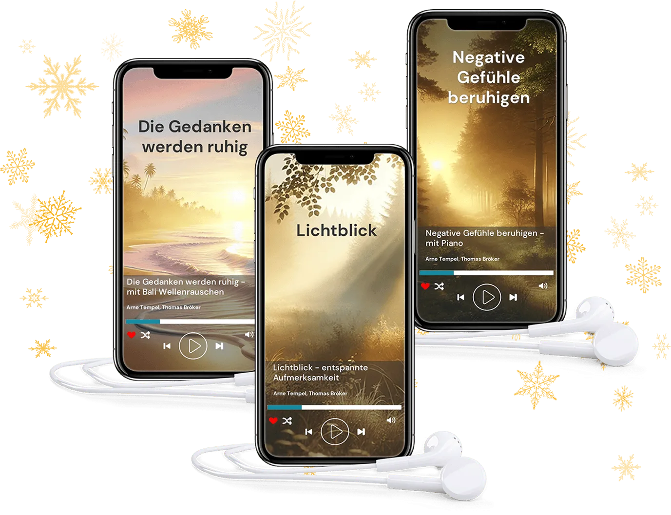 Weihnachtspaket 2024 mit drei Smartphones, die Audio-Meditationen mit verschneitem Hintergrund zeigen