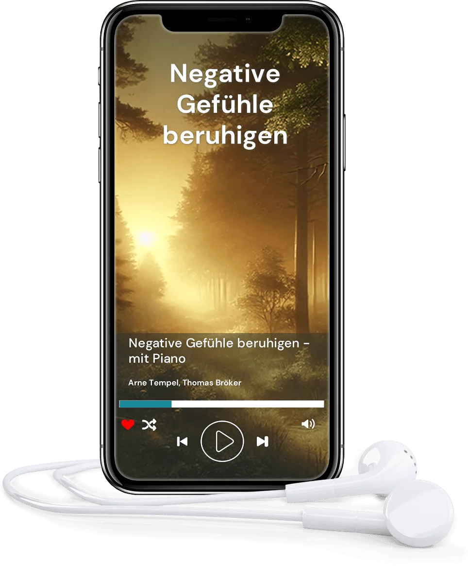Smartphone-Mockup: Meditation Negative Gefühle beruhigen mit Piano vor goldenem Waldweg