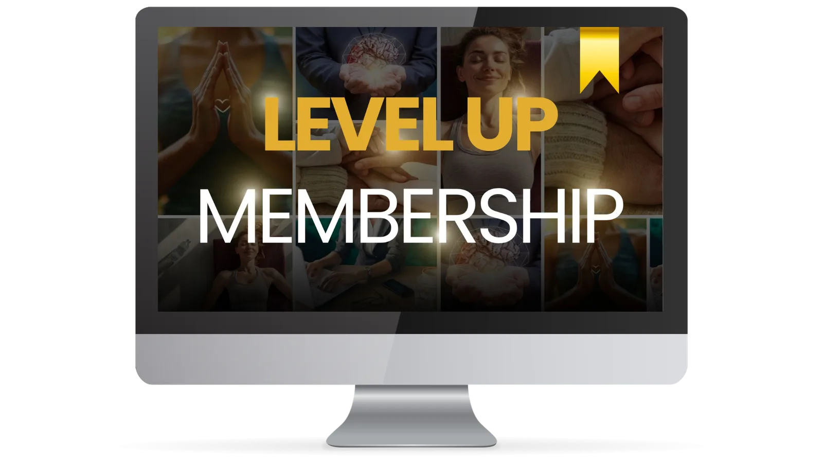 REVERSUM Level Up Membership Hero-Bild mit Collage von Händen, Gehirn und lächelnder Frau, gelber Schriftzug auf dunklem Hint