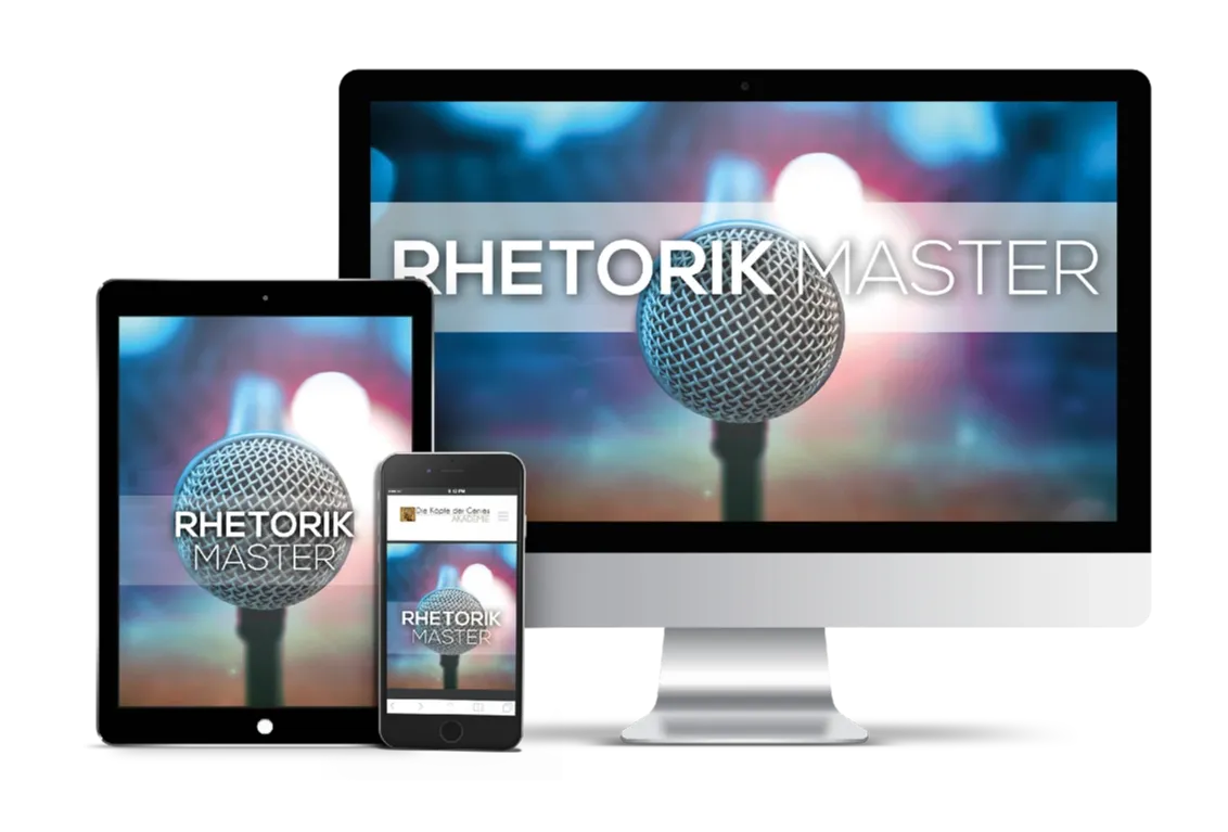 Rhetorik Master Kurs auf Laptop, Tablet und Smartphone Bildschirmen