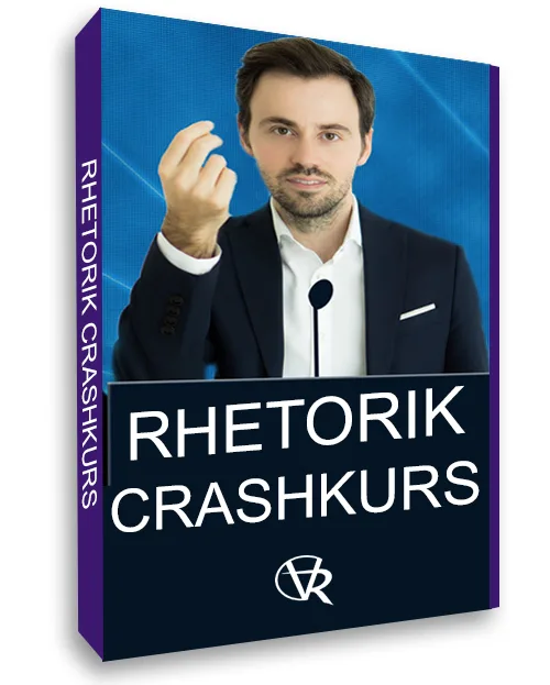 3D-Produktbox Rhetorik Crashkurs mit blauem Hintergrund und Mann vor Rednerpult