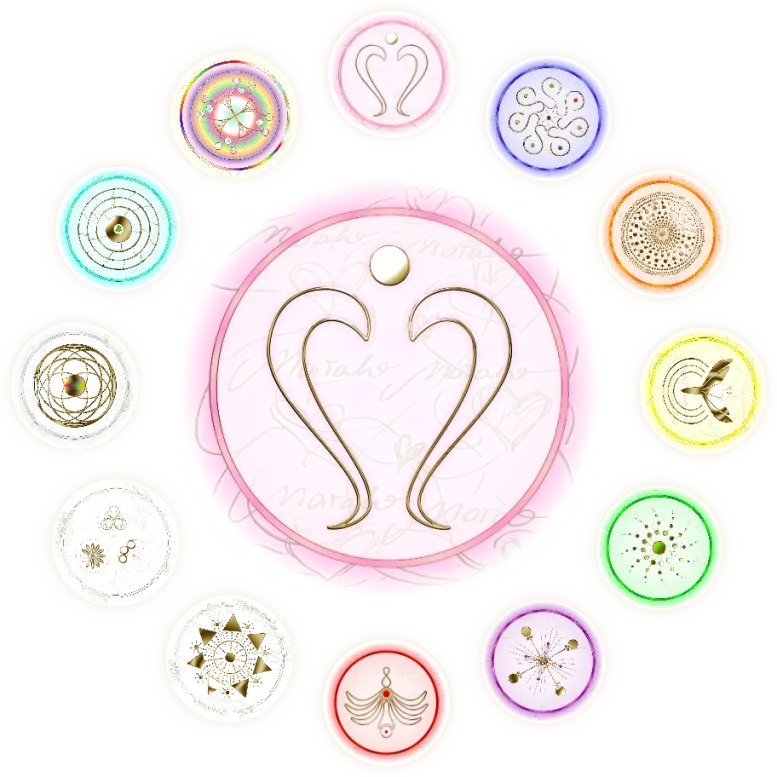 Spirituelles Kreismandalas in Pastellfarben mit Herzsymbol in der Mitte, umgeben von 12 weiteren Symbolen