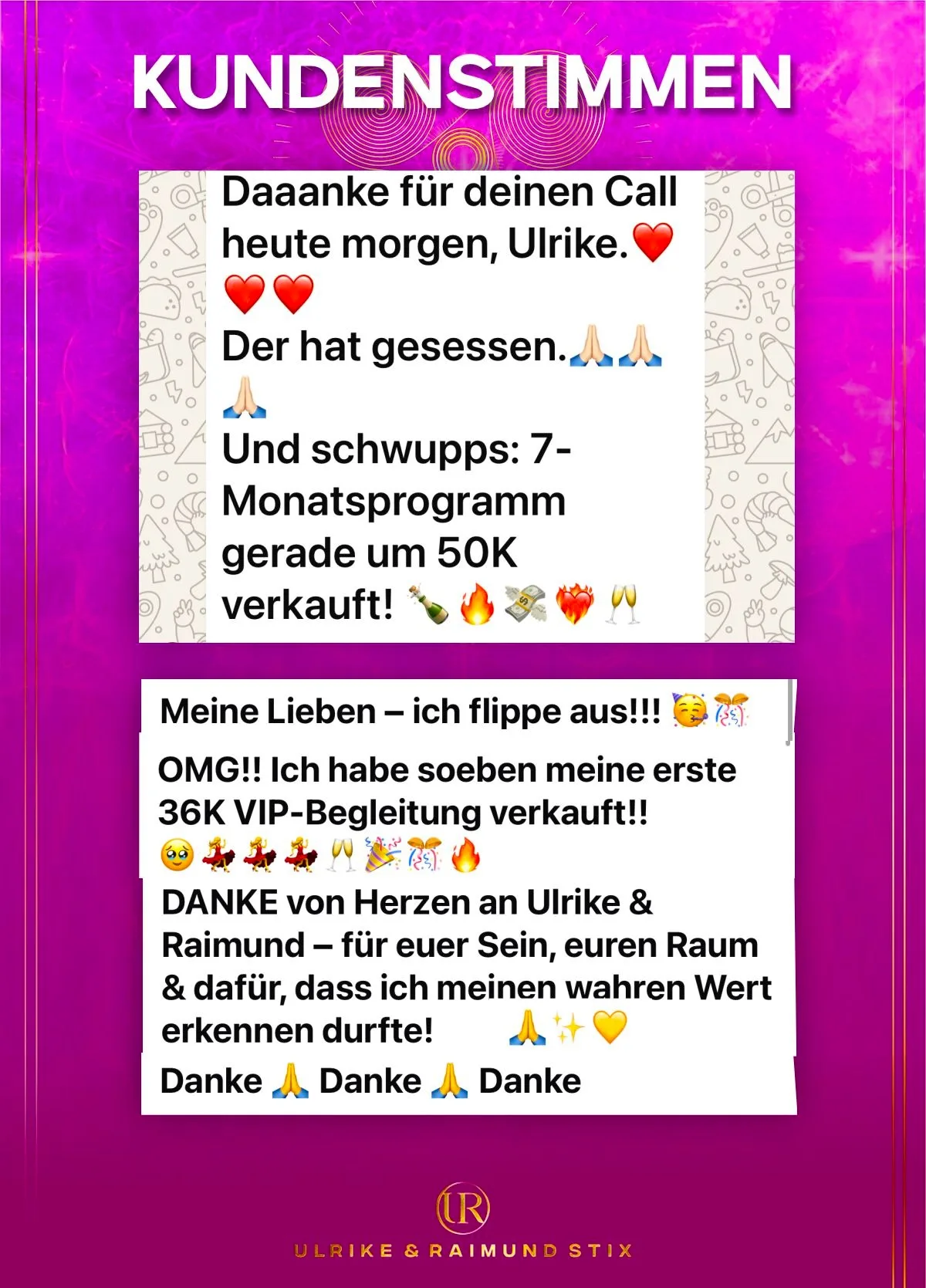 Weißer Textblock auf magentafarbenem Hintergrund: Kundenstimme zu 50k Monatsprogramm-Verkauf und 36k VIP-Begleitung