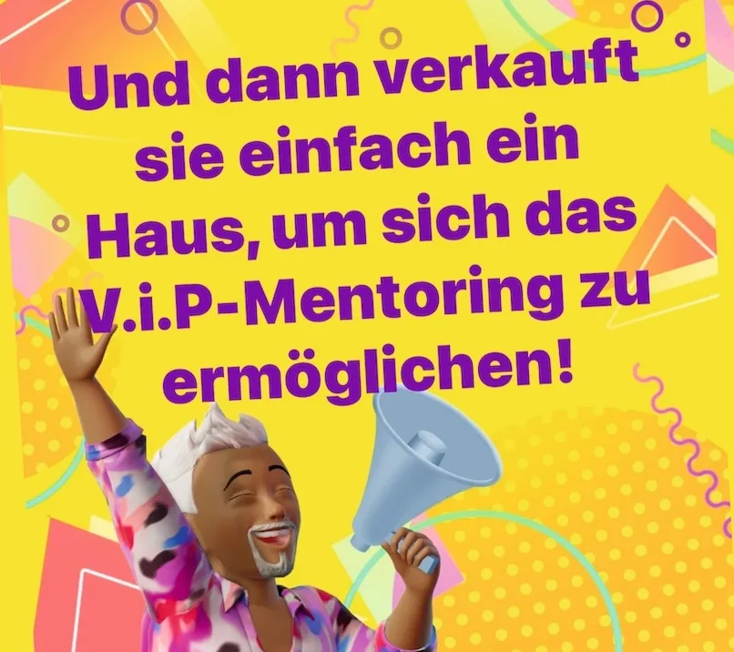 Animierter Avatar auf gelbem Hintergrund mit Text: Hausverkauf und VIP-Mentoring nach Coaching