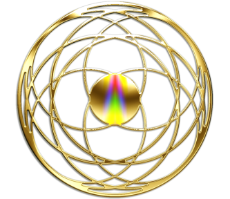 Abstraktes geometrisches Mandala mit goldenen Linien und farbigem Zentrum
