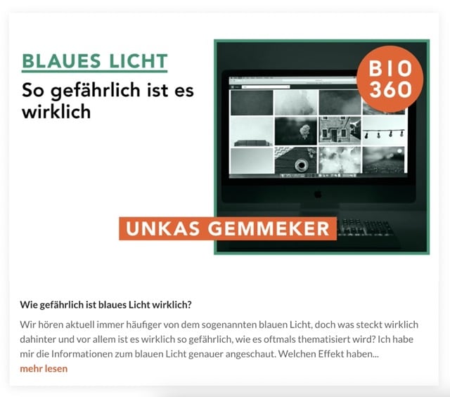 Infografik Blaues Licht So gefährlich ist es wirklich mit Monitor und BIO360 Logo