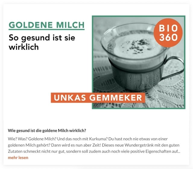 Infografik Goldene Milch So gesund ist sie wirklich mit Tasse und BIO360 Logo