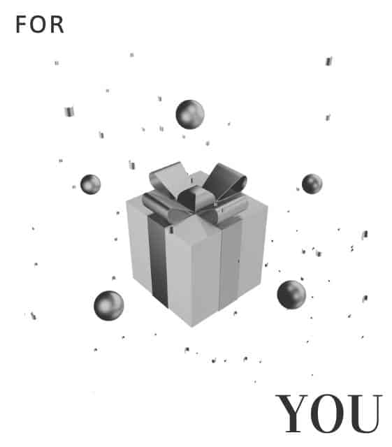 Geschenkbox mit Schleife umgeben von Kugeln auf weißem Grund, Text FOR YOU