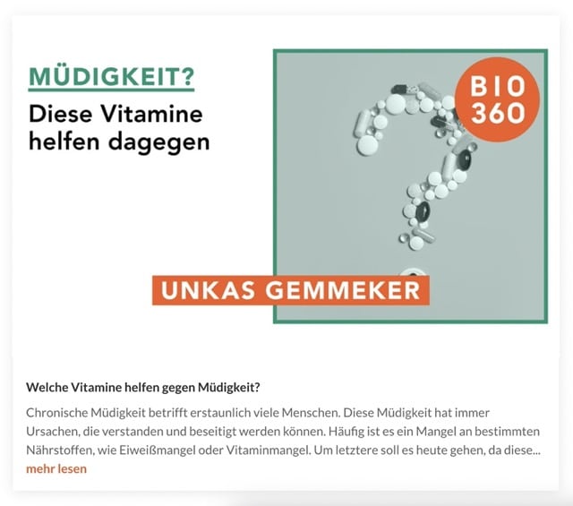 Infografik Müdigkeit Diese Vitamine helfen dagegen mit Vitamin-Molekülen und BIO360 Logo
