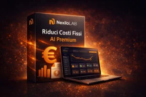 Mockup des Produkts Riduci Costi Fissi AI Premium von NexiloLAB mit Produktbox, Laptop und grafischen Elementen vor orangefar