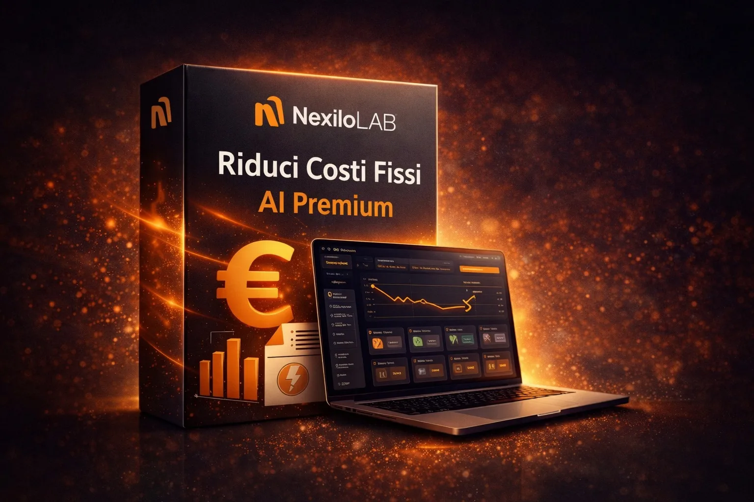 Mockup des Produkts Riduci Costi Fissi AI Premium von NexiloLAB mit Produktbox, Laptop und grafischen Elementen vor orangefar