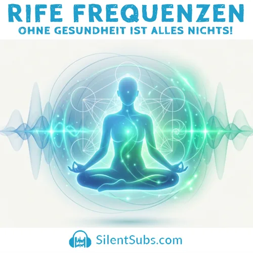 Hero-Banner mit meditierendem Menschen in blauem Energiefeld und Schallwellenmuster, Rife Frequenzen Komplettpaket 320 kBit/s