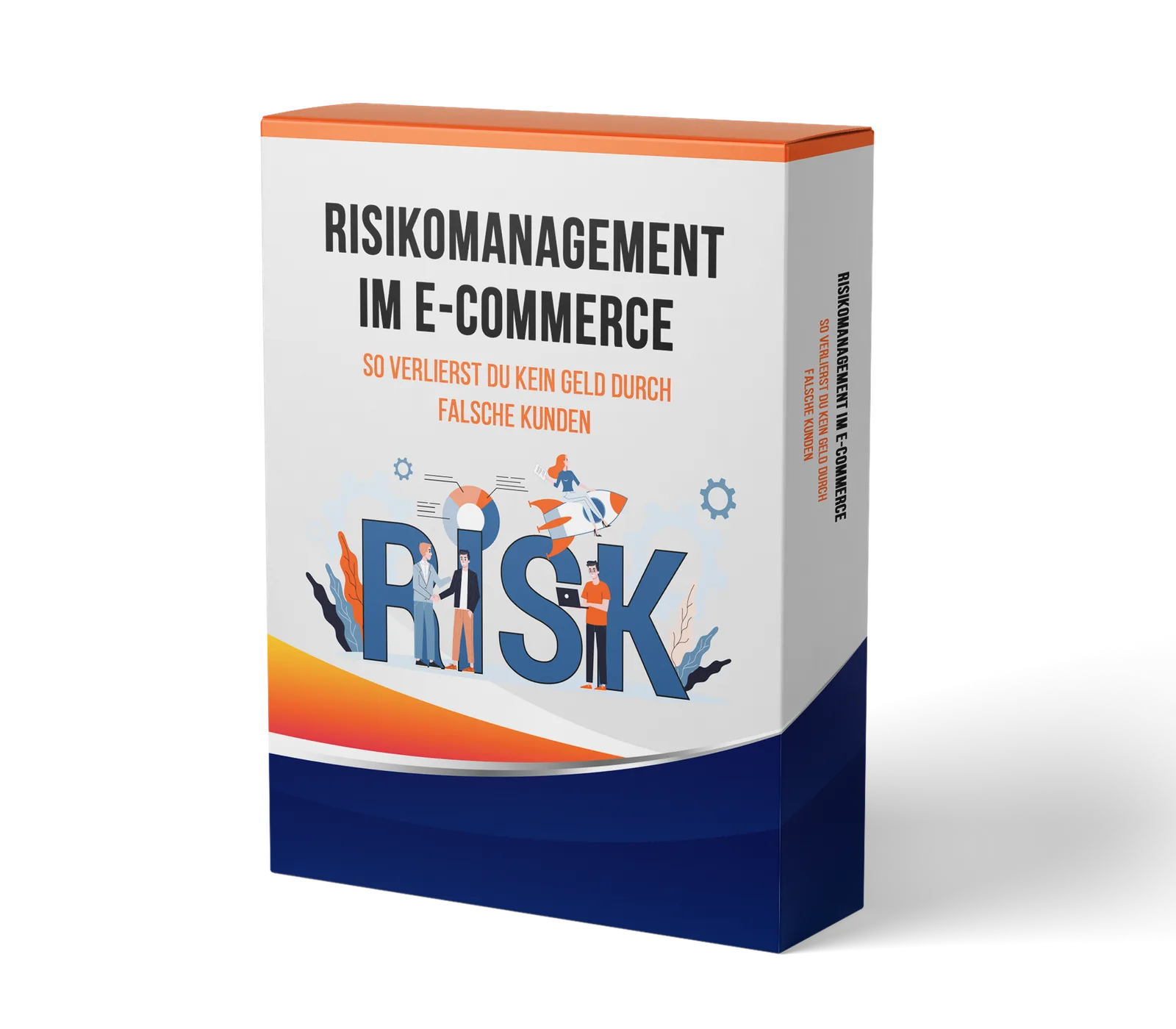 Produktbox Risikomanagement im E-Commerce mit RISK-Illustration und orangeblauem Design