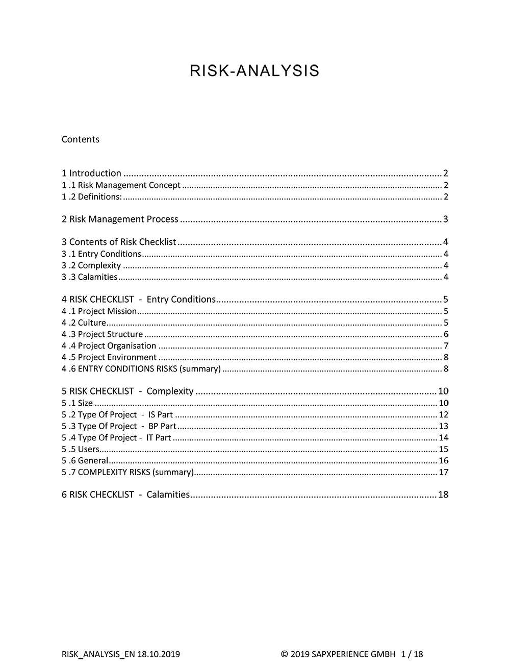 Englisches Inhaltsverzeichnis mit Kapiteln zu Risk Management Process, Risk Checklists für Entry Conditions, Complexity und C