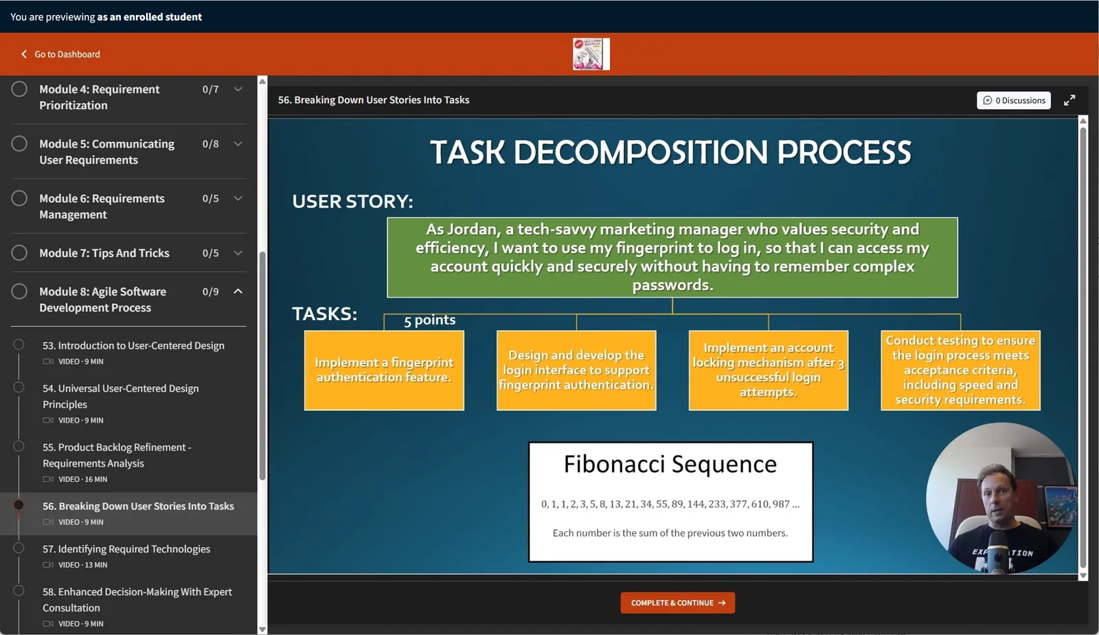 Screenshot eines Online-Kurses: Modul zu Task Decomposition Process mit Benutzergeschichte und Aufgabenkarten