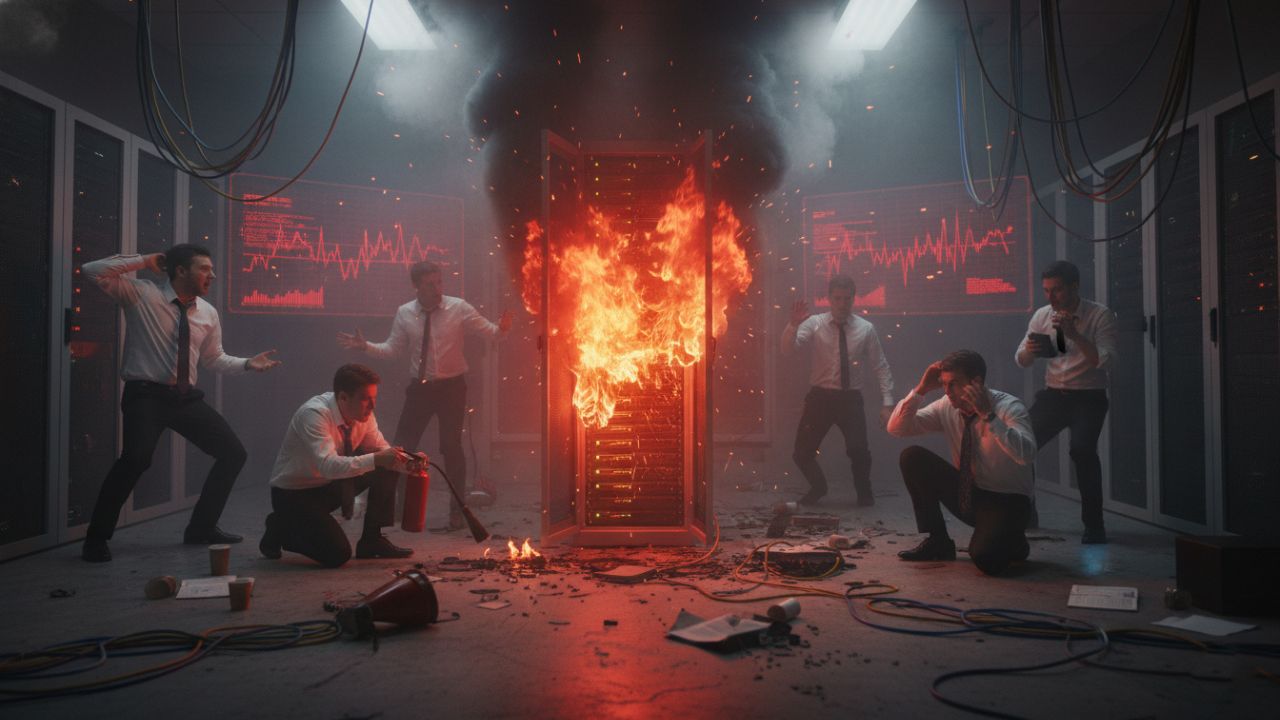 Szenario ohne Risikomanagement: Mitarbeiter in Panik um brennenden Servermonitor in roter Flammen-Atmosphäre