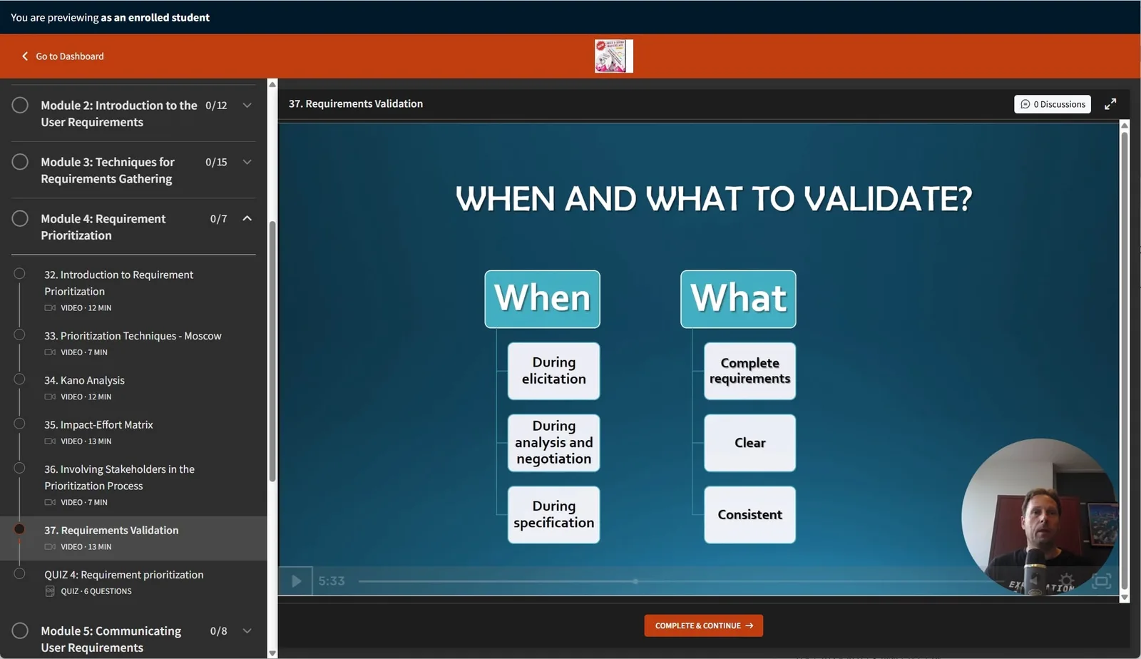 Screenshot eines Kurslektions-Videos mit dem Thema Requirements Validation und Validierungskriterien