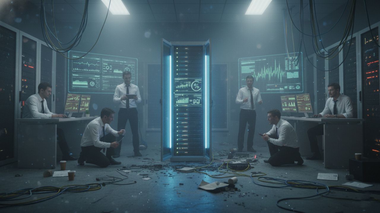 Szenario mit Risikomanagement: Ruhiges Team überwacht grün leuchtenden Server mit Datenmonitoren