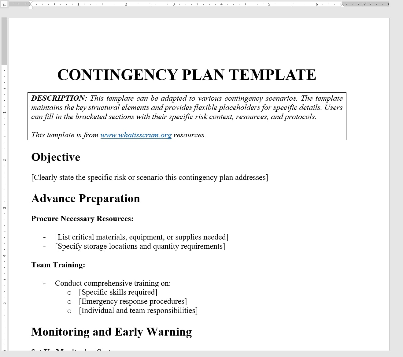 Word-Dokument: Contingency Plan Template mit Struktur für Risikoszenarien und Notfallmaßnahmen