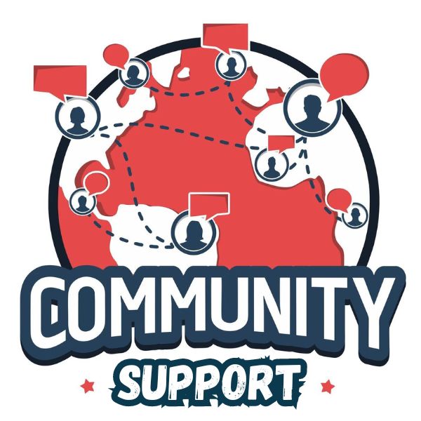 Community Support Logo mit vernetzten Personen und rotem Globus