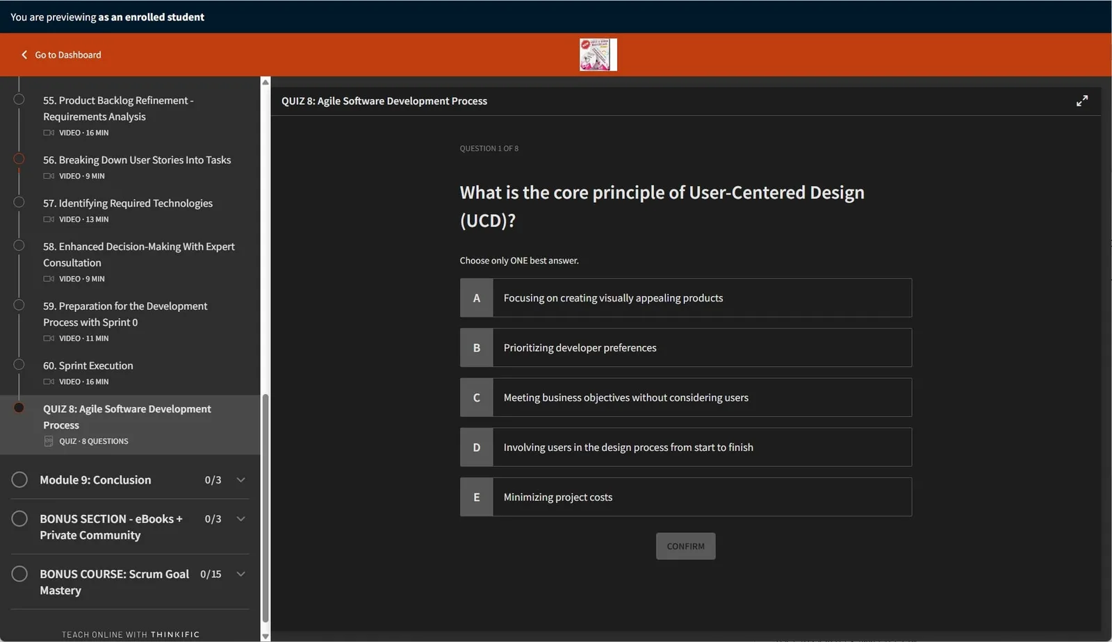 Screenshot eines Quiz im Online-Kurs mit Multiple-Choice-Frage zu User-Centered Design Prinzipien