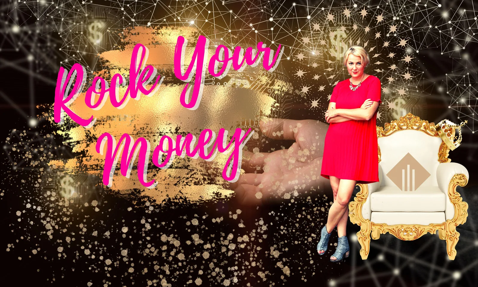 Rock Your Money Titelbild hochauflösend mit Frau in rotem Kleid und luxuriösem Design
