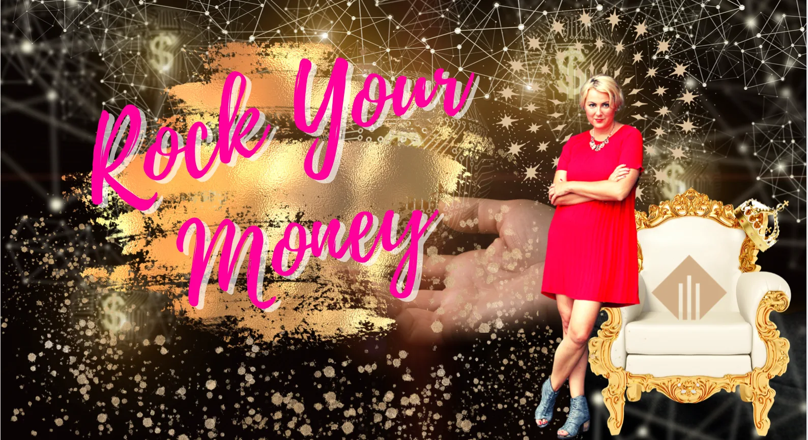 Rock Your Money Hero-Bild mit Denise Schäricke in rotem Kleid vor goldenem Sessel