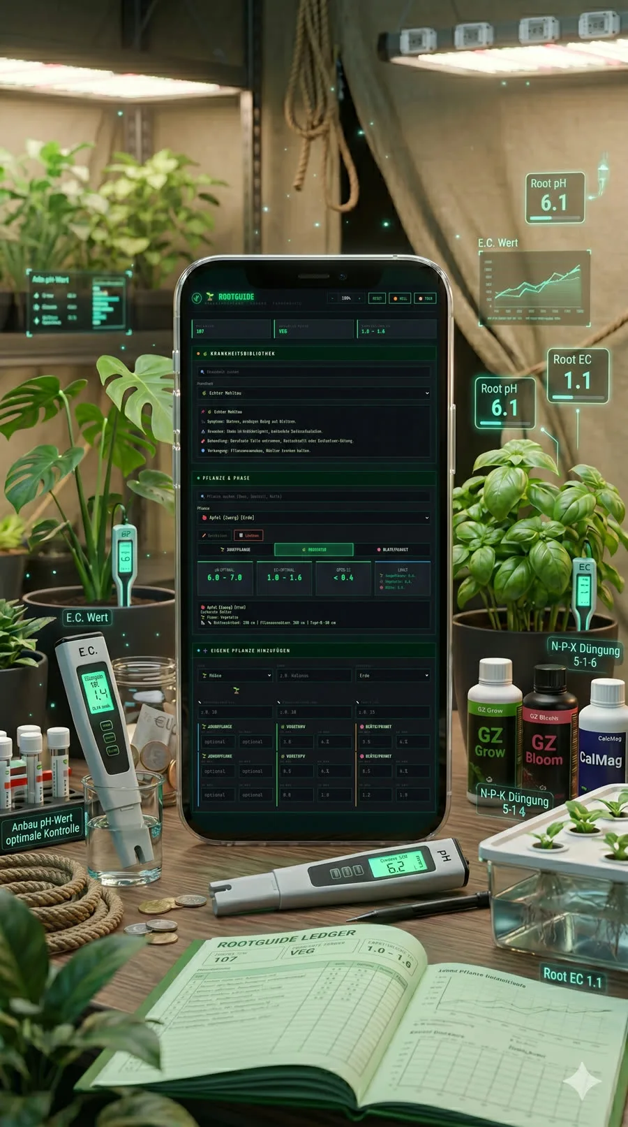 RootGuide-App auf Smartphone mit Grow-Setup: Pflanzen, pH-/EC-Messgeräte, Düngerflaschen, Grow-Tagebuch und LED-Leuchten