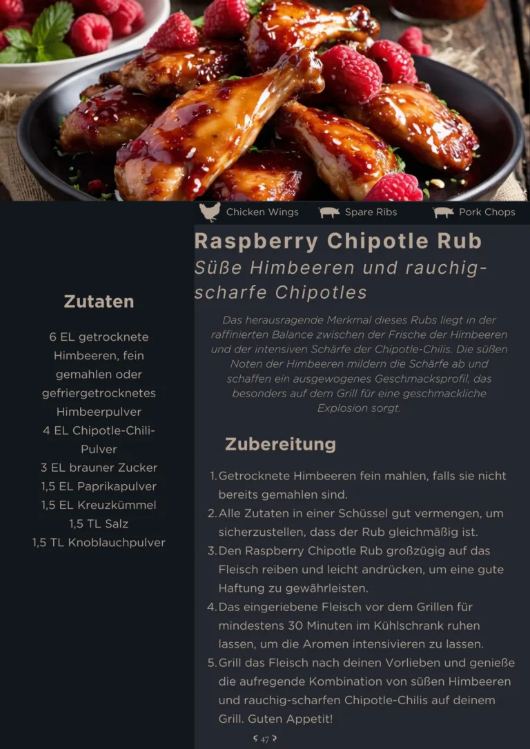 Raspberry Chipotle Rub Rezept mit Himbeer-glasiertem Fleisch und Zutatenliste