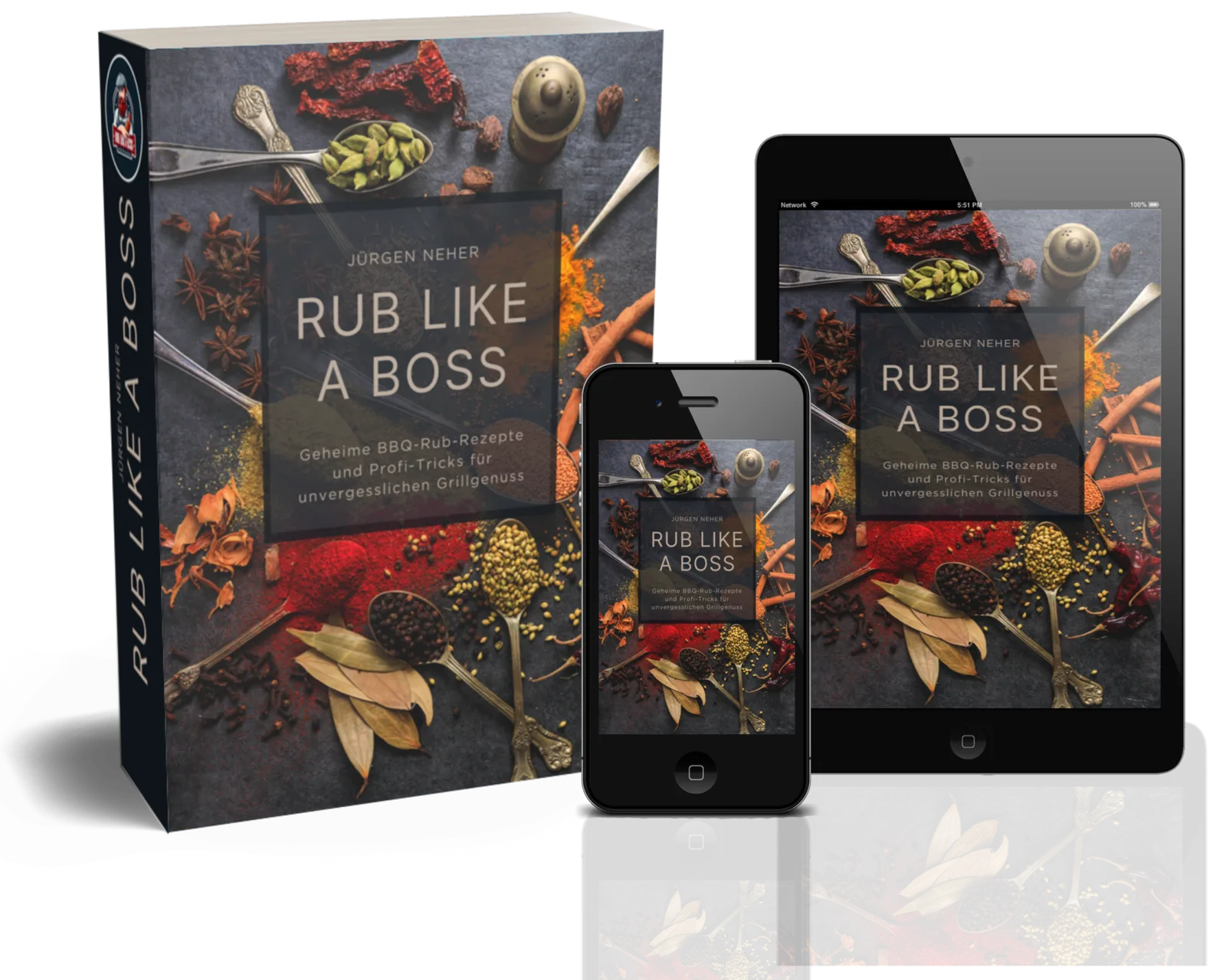 Rub like a Boss Ebook auf mehreren Geräten: Buch, iPhone und iPad Mockup