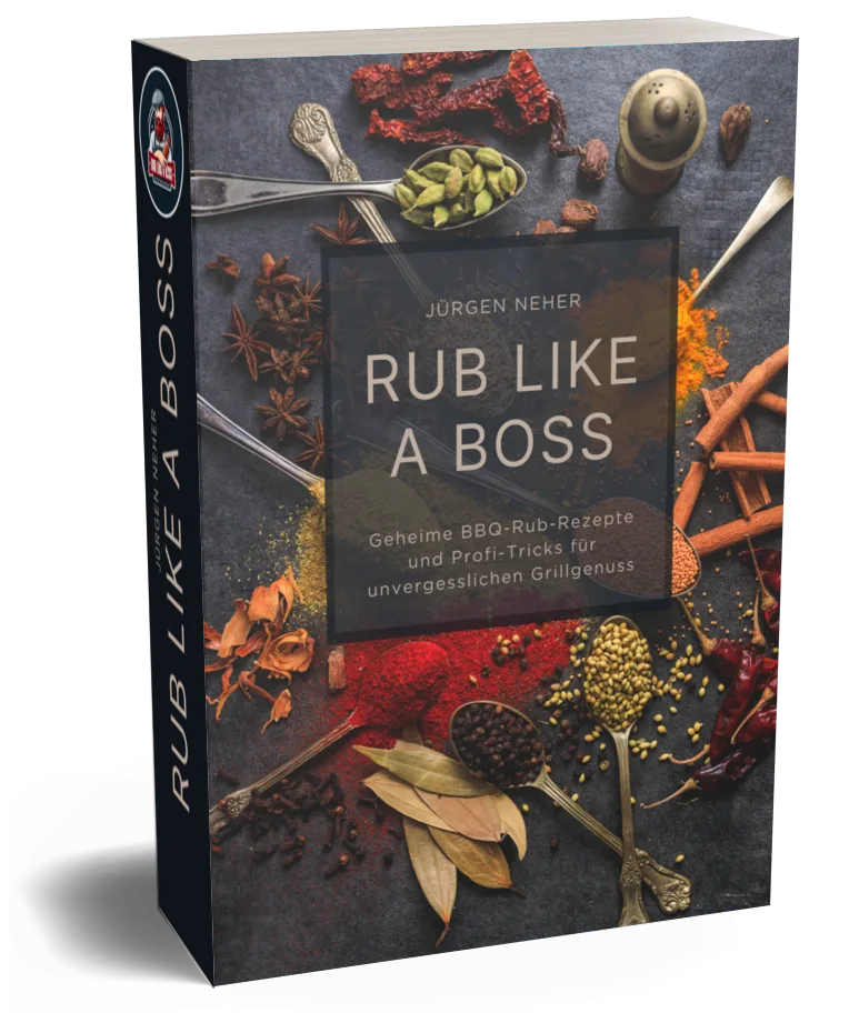 Rub like a Boss Ebook Cover mit Gewürzen, Löffeln und BBQ-Zutaten auf grauem Untergrund