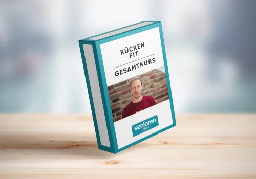 Produktbox des Rücken Fit Gesamtkurses mit Trainer-Foto auf Holzuntergrund