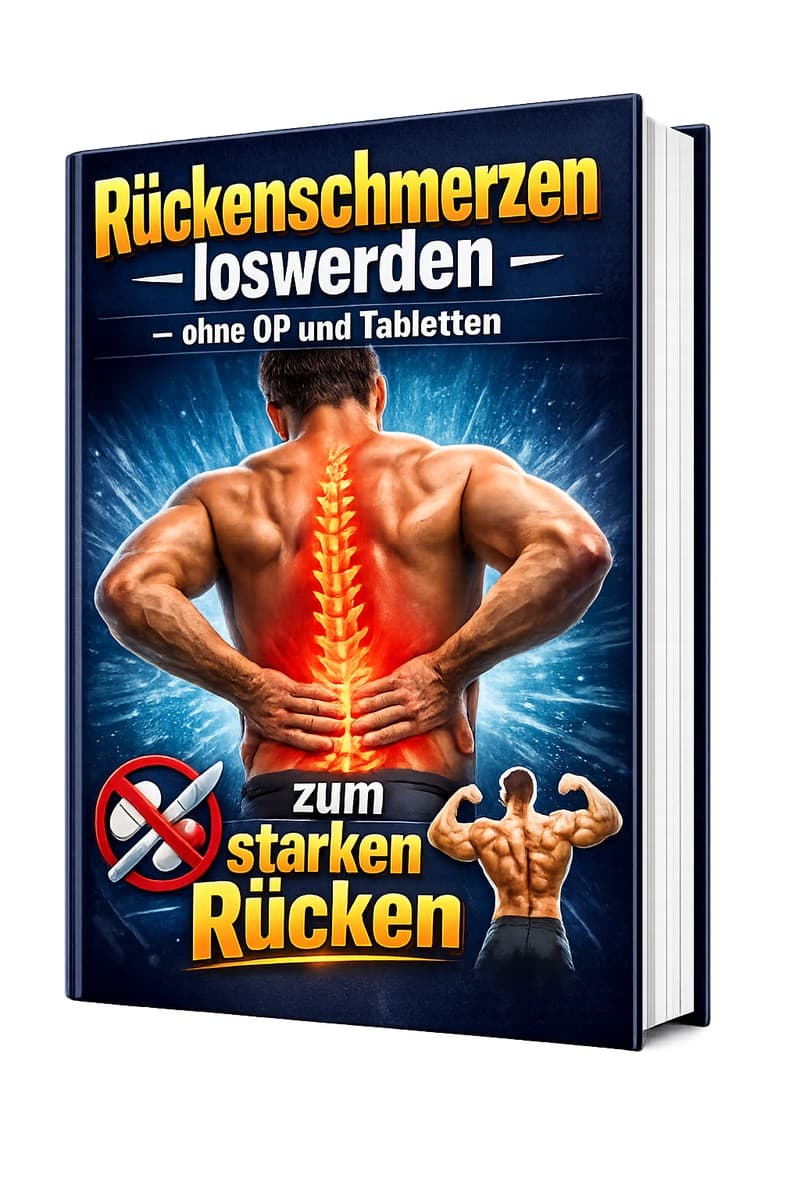 E-Book Cover Rückenschmerzen loswerden ohne OP und Tabletten mit Rückenabbildung