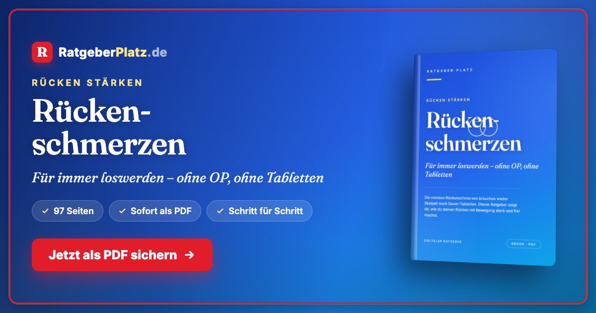 Hero-Banner Rückenschmerzen loswerden mit RatgeberPlatz Logo, Buch-Mockup und CTA-Button
