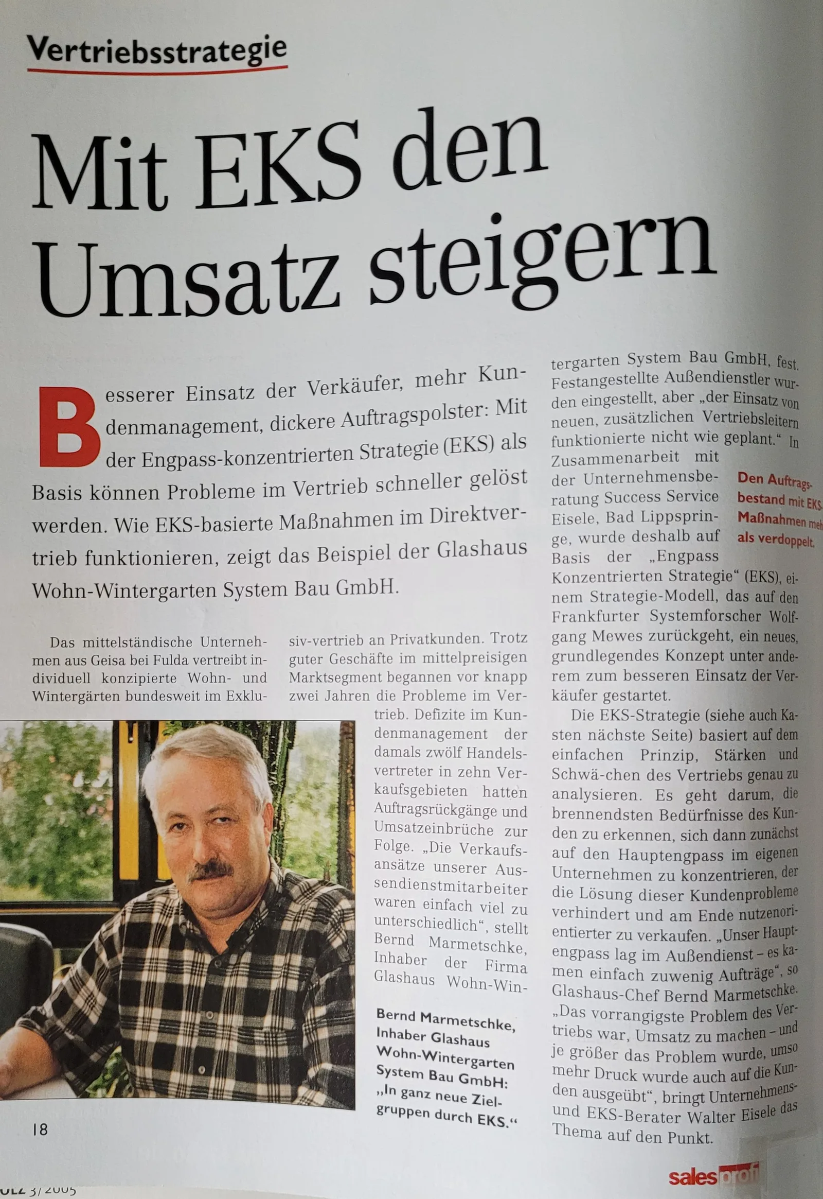 Magazin-Artikel-Cover mit Titel Mit EKS den Umsatz steigern und Portrait von Geschäftsführer Bernd Marmetschke
