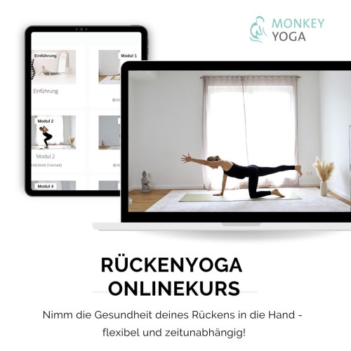 Mockup Rückenyoga-Onlinekurs mit Tablet, Laptop und Kursinhalten, Frau in Yoga-Position