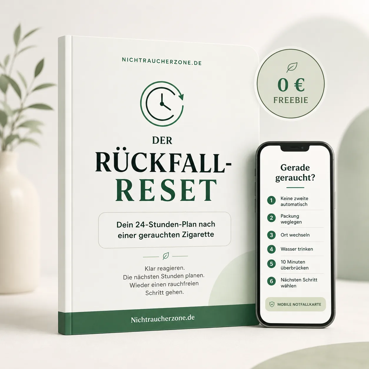 Rückfall-Reset E-Book Cover mit Smartphone zeigt 24-Stunden-Plan nach gerauchter Zigarette