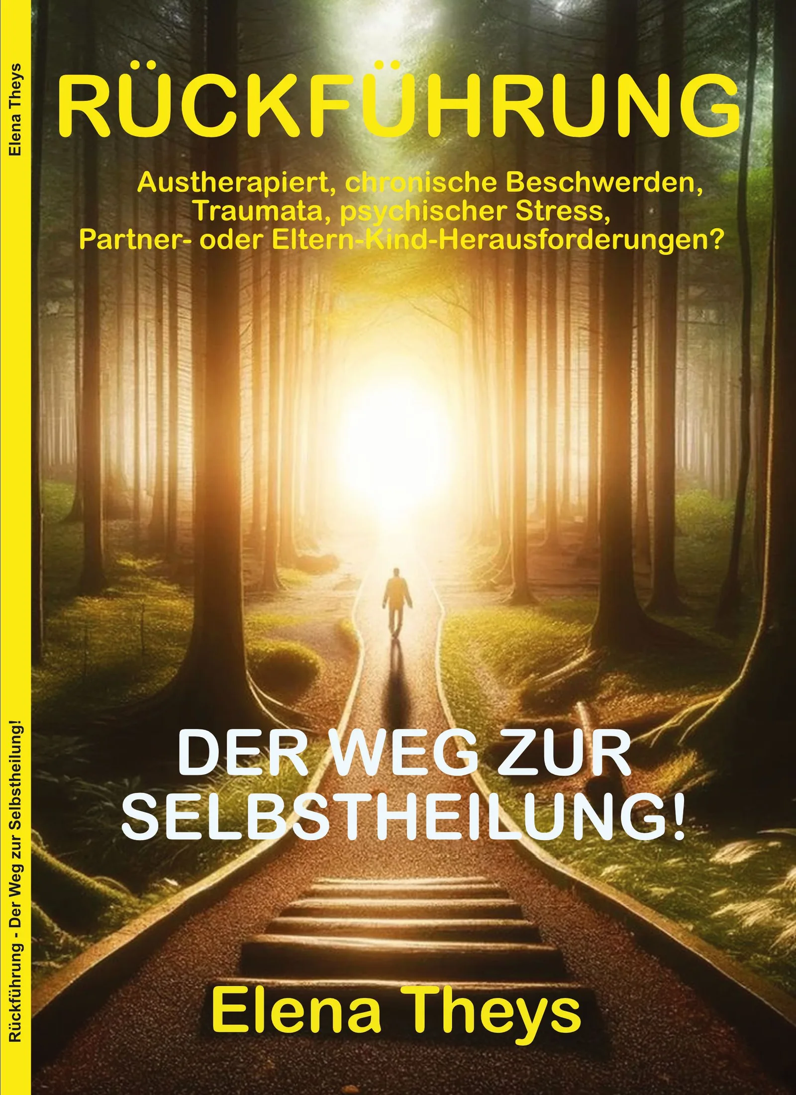 Buchcover Rückführung – Der Weg zur Selbstheilung von Elena Theys mit Waldweg und Licht