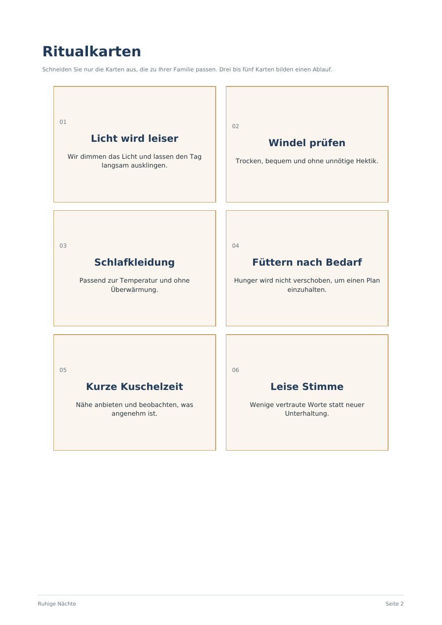 Ausdruckbare Ritualkarten mit sechs verschiedenen Abendritualen wie Licht wird leiser, Windel prüfen, Schlafkleidung, Füttern