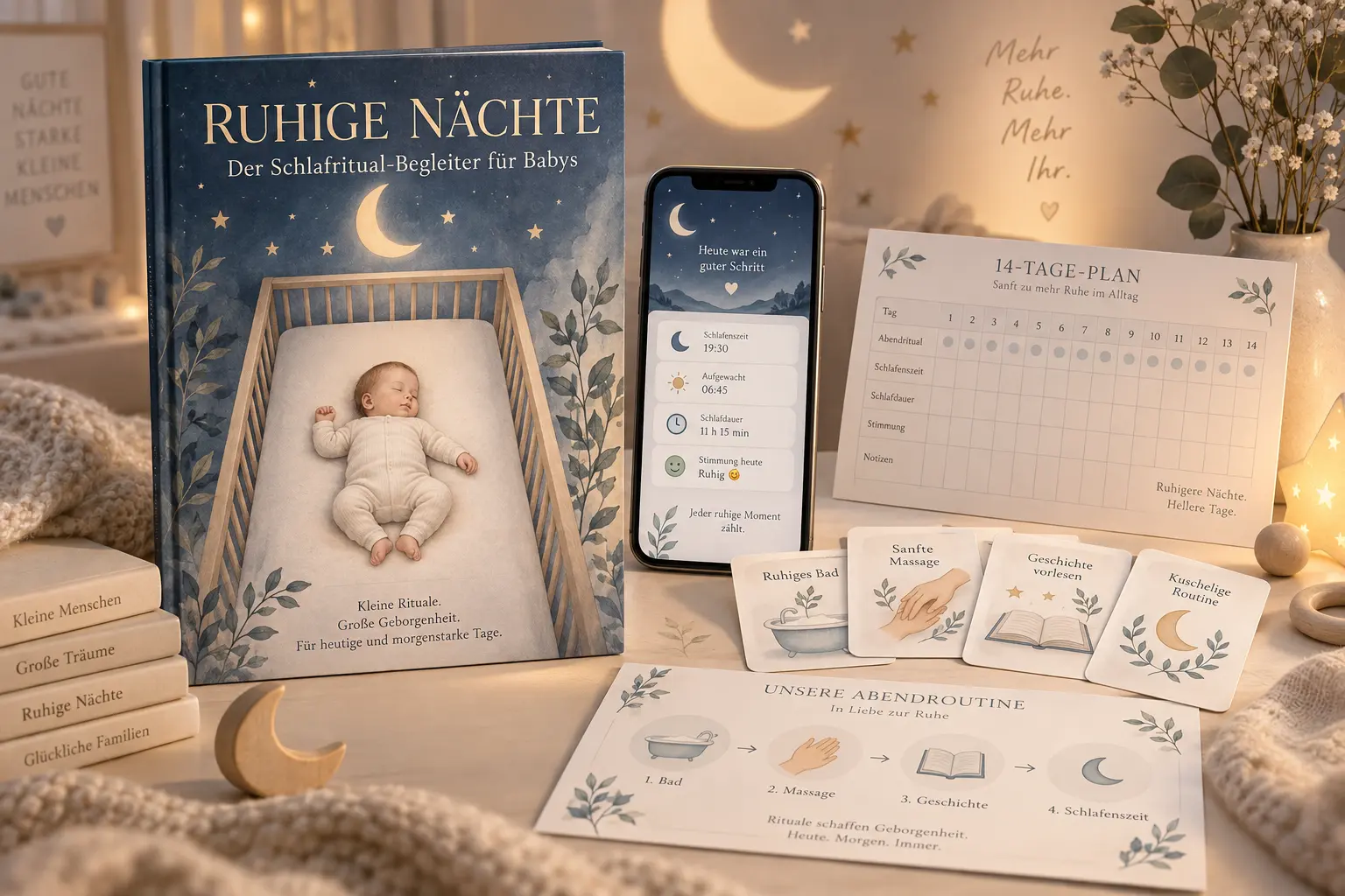 Ruhige Nächte Komplettpaket mit Buch, Smartphone-App, 14-Tage-Plan, Ritualkarten und Ratgeber auf warmem, beleuchteten Hinter