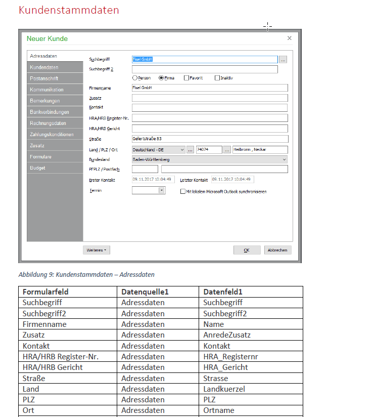 Screenshot Sage 50 Kundenstammdaten-Dialog mit Adressdaten und Zuordnungstabelle