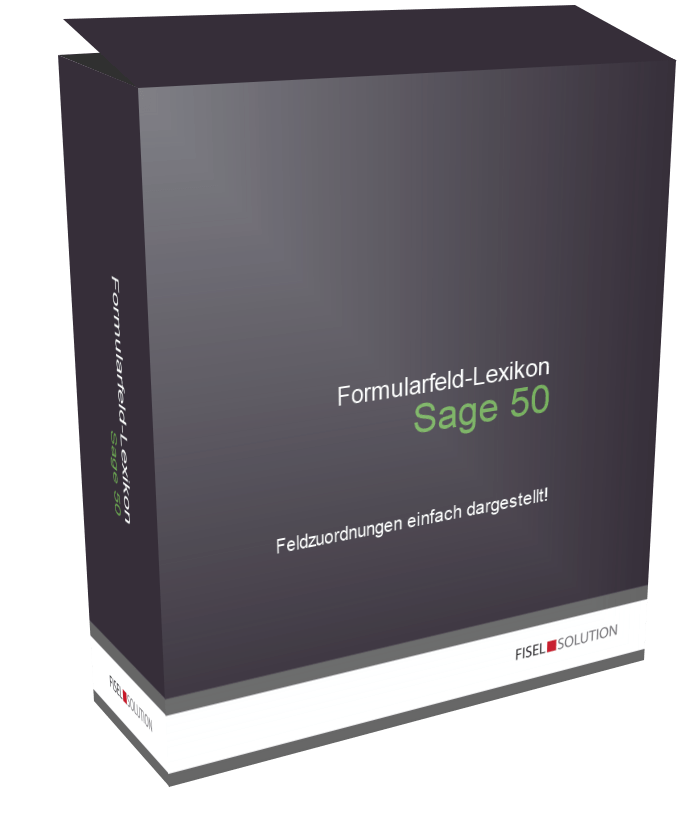 Produktbox Sage 50 Formularfeld-Lexikon mit dunkelgrauem Design und grünem Schriftzug