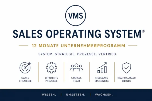Sales Operating System Hero-Banner mit VMS-Logo und fünf Prozess-Symbolen für 12-Monats-Unternehmerprogramm