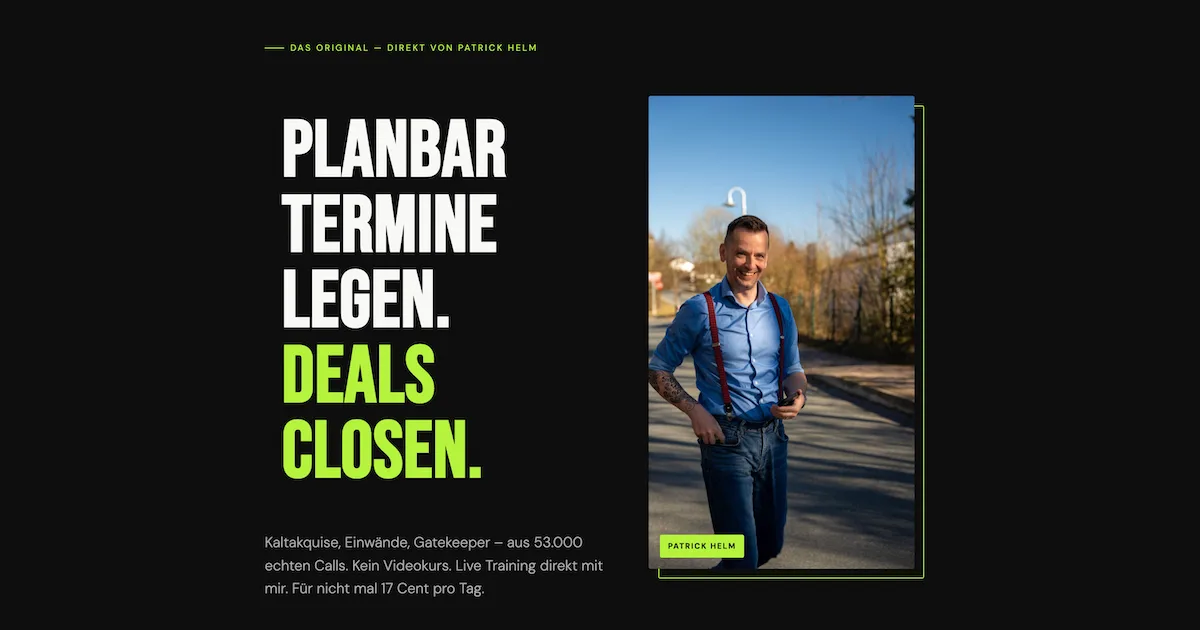 Sales Wiki Hero-Banner mit Patrick Helm – planbare Termine, Deals schließen, ab 5€/Monat