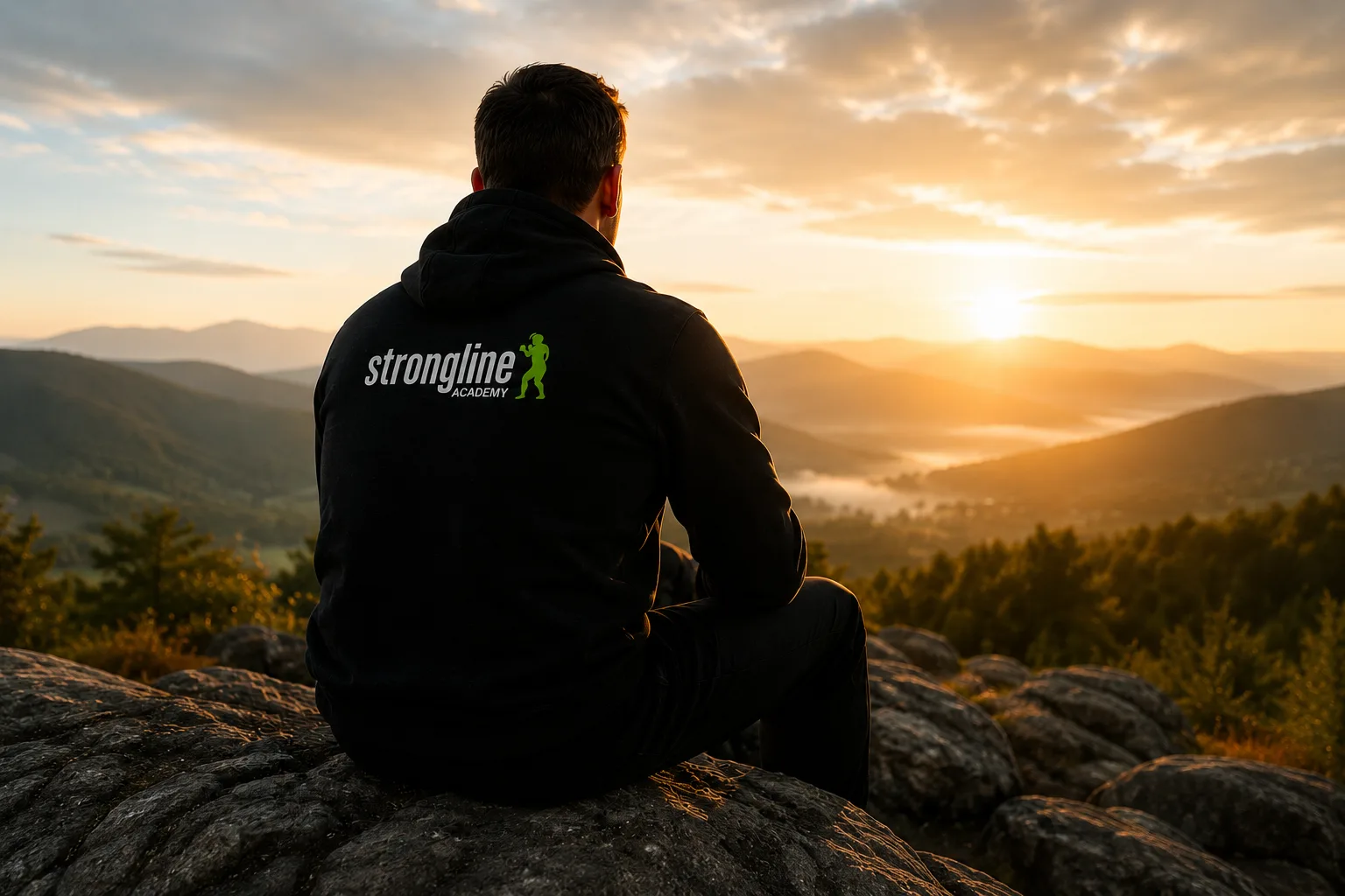 Mann in Strongline Academy Hoodie sitzt auf Felsen mit Berglandschaft und Sonnenaufgang im Hintergrund