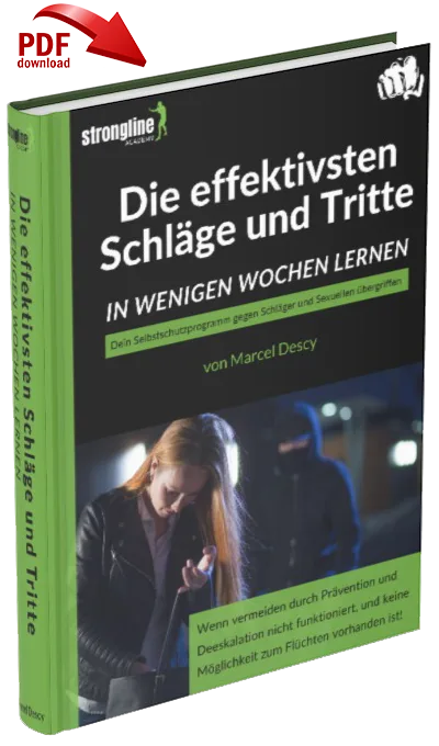 E-Book Cover Die effektivsten Schläge und Tritte in der Selbstverteidigung von Marcel Descy mit rotem PDF-Download-Pfeil