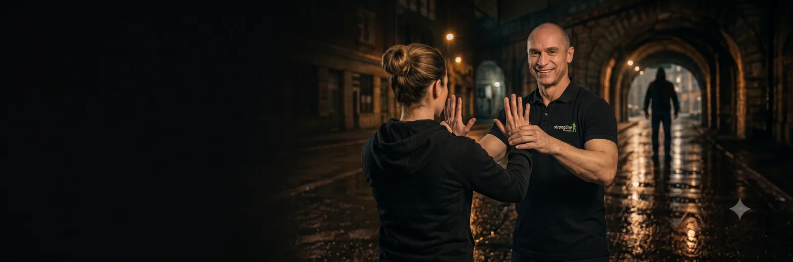 Selbstverteidigungstraining online für Anfänger mit Strongline Academy, Trainer demonstriert defensive Handhaltung gegenüber
